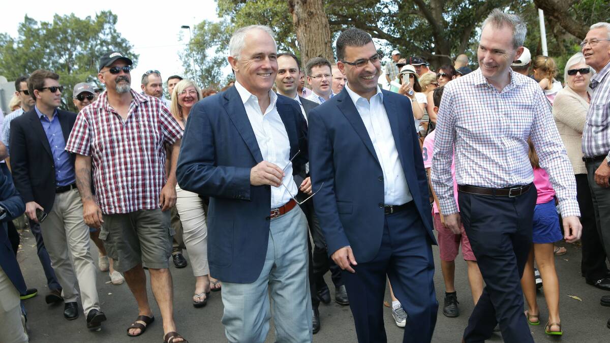 Undecided: Nick Varvaris with Prime Minister Malcolm Turnbull and Banks MP David Coleman at the Kogarah Greek festival at Carss Park late last year. Picture John Veage