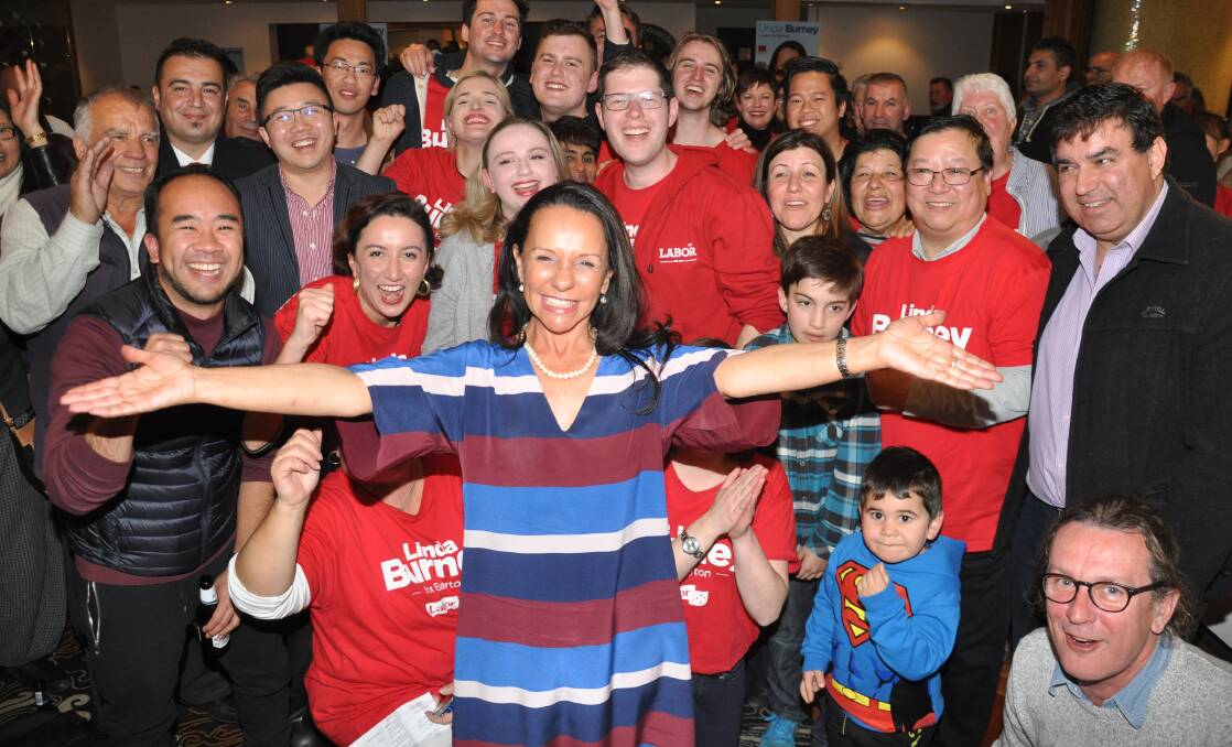 History made: Linda Burney celebrates with supporters.