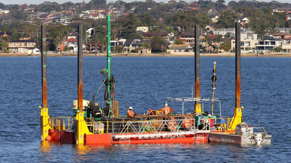 Geotechnical testing for the F6 in the Georges River in 2016. Picture: John Veage