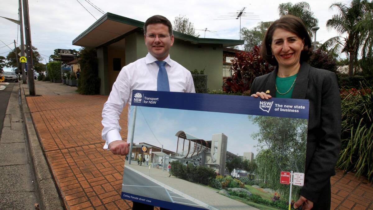 Gladys Berejiklian, as Transport Minister, and Oatley MP Mark Coure unveil plans for the Oatley station upgrade. Picture: Jane Dyson