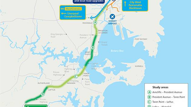 F6 extension study area: The four sections are Arncliffe to President Avenue, President Avenue to Taren Point, Taren Point to Loftus and Loftus to Waterfall. Picture: RMS
