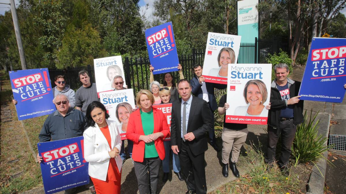 Pru Car (front left), Maryanne Stuart and Jihad Dib with supporters outside the TAFE campus at Loftus. Picture: John Veage