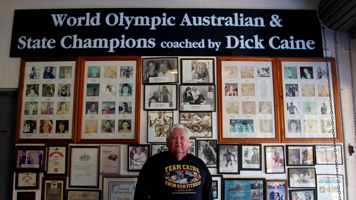 Dick Caine with his "wall of champions"  at Carss Park pool. Picture: Chris Lane