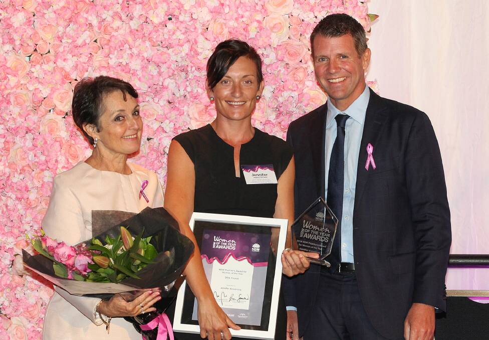 NSW Woman of the Year: Jennifer Armstrong with Pru Goward and Mike Baird. Picture: supplied