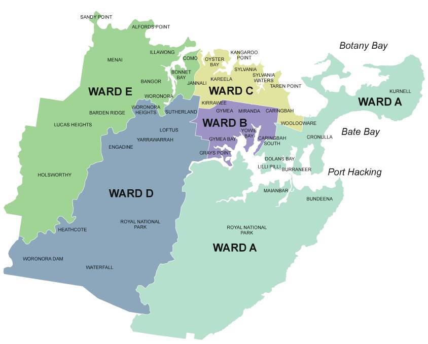 It's complicated: Pre-poll centres will take votes from all wards but, on election day, most polling booths will cater only for the ward in which they are located. Map: Sutherland Shire Council