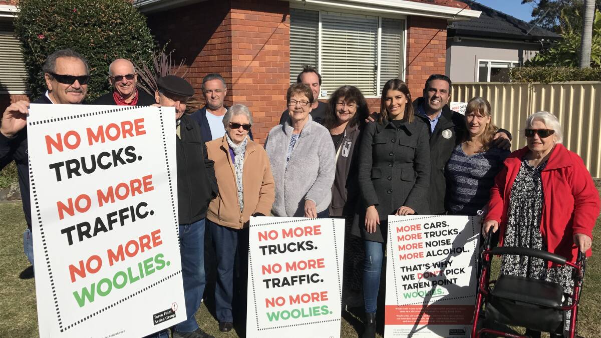 Residents, with the support of Mayor Carmelo Pesce and Miranda MP Eleni Petinos, protest against the Woolworths' application. Picture: supplied