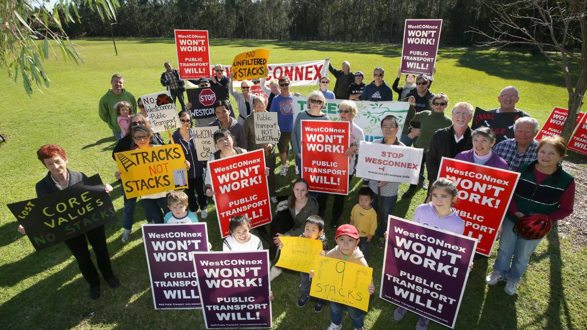 Venting their anger: Kingsgrove and Beverly Hills residents protest in 2015 about exhaust emissions and other impacts from construction of the New M5 tunnel, which is part of WestConnex. Picture: John Veage