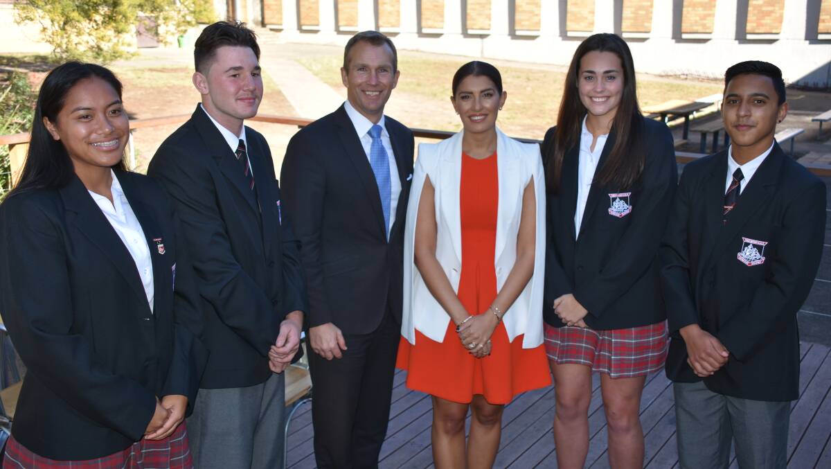 School leaders with Rob Stokes and Eleni Petinos: Mojela Baker-Khamphan (left), Billy Burke, Ella Robinson and Kaelin Knipp. Picture: supplied