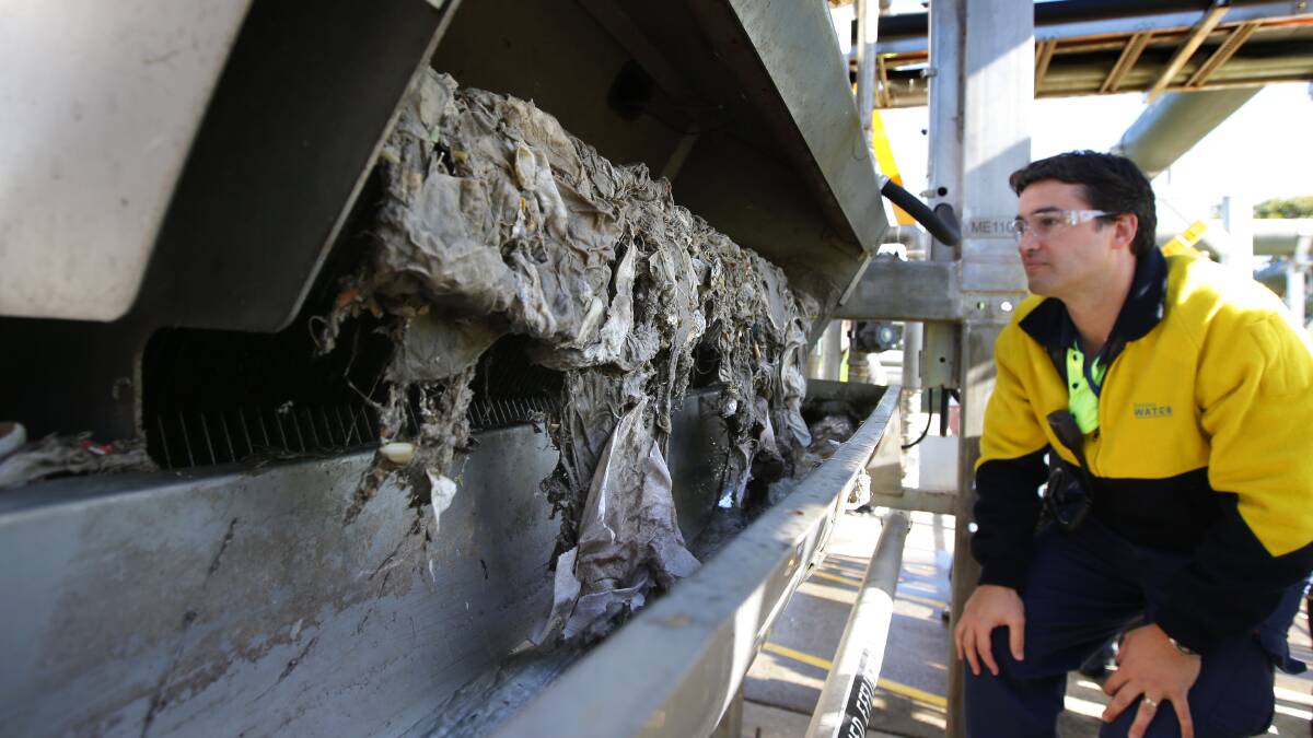 Global problem: Cronulla Wastewater Treatment Plant production officer Stephen Beddoes examines the 'flushable' wipes clogging up the plant's equipment. Picture:John Veage