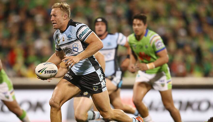 On the charge: Sharks prop Matt Prior scores Cronulla's first try. Picture: Getty Images