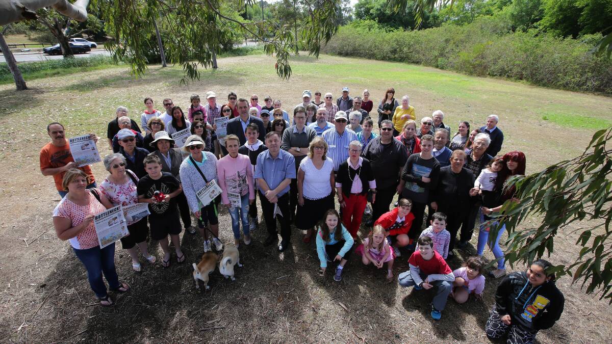 F6 fears: Residents, with Bayside Councillors, on a possible interchange site at the corner of President Avenue and Civic Avenue. Picture: John Veage