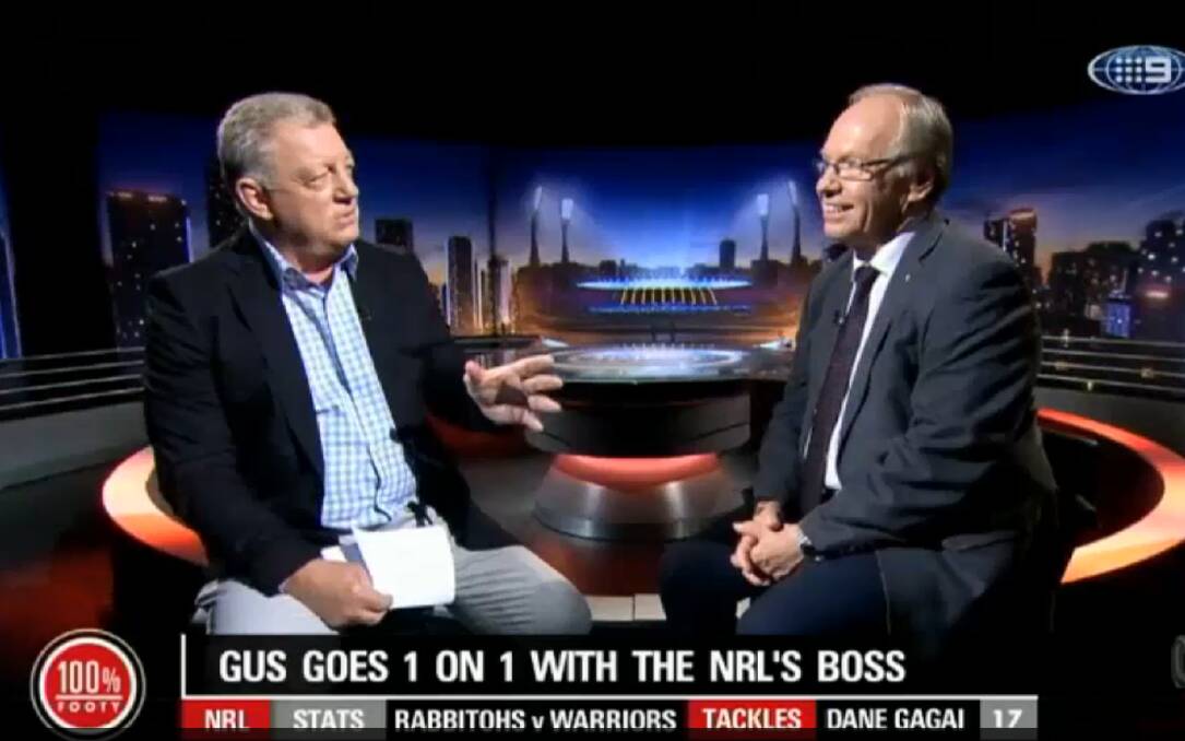 Footy faux pas: New ARL Commission chairman Peter Beattie is interviewed by Channel 9 commentator Phil Gould. Picture: Channel 9
