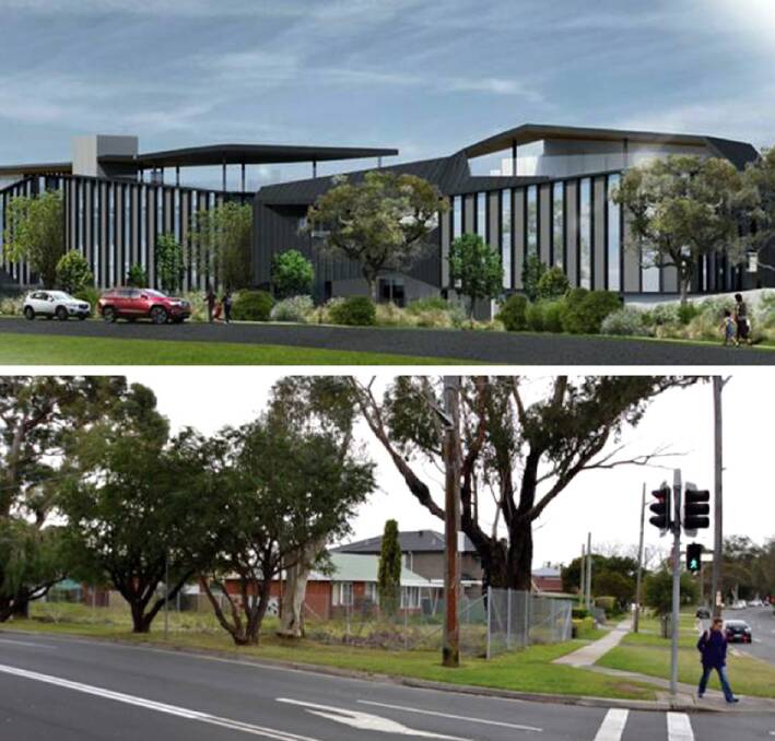 Top: Artist's impression of the proposed childcare centre. Below: Site of the proposed development at the intersection of Manchester Road and Kingsway. Pictures: DA
