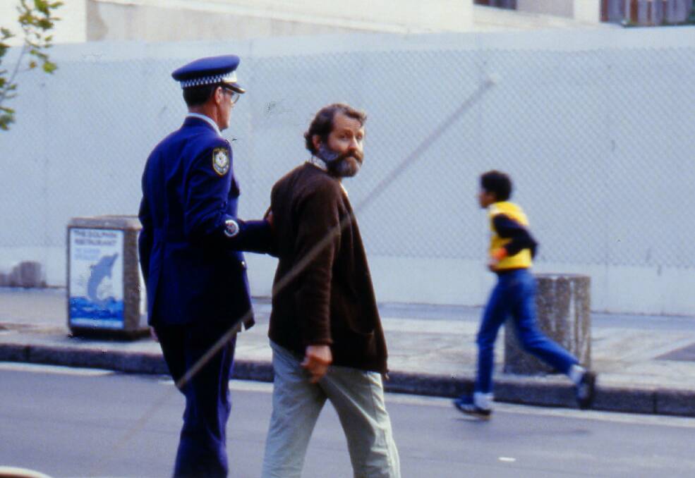 Billy Snow is arrested at the BUGA UP embassy in North Sydney in 1984.