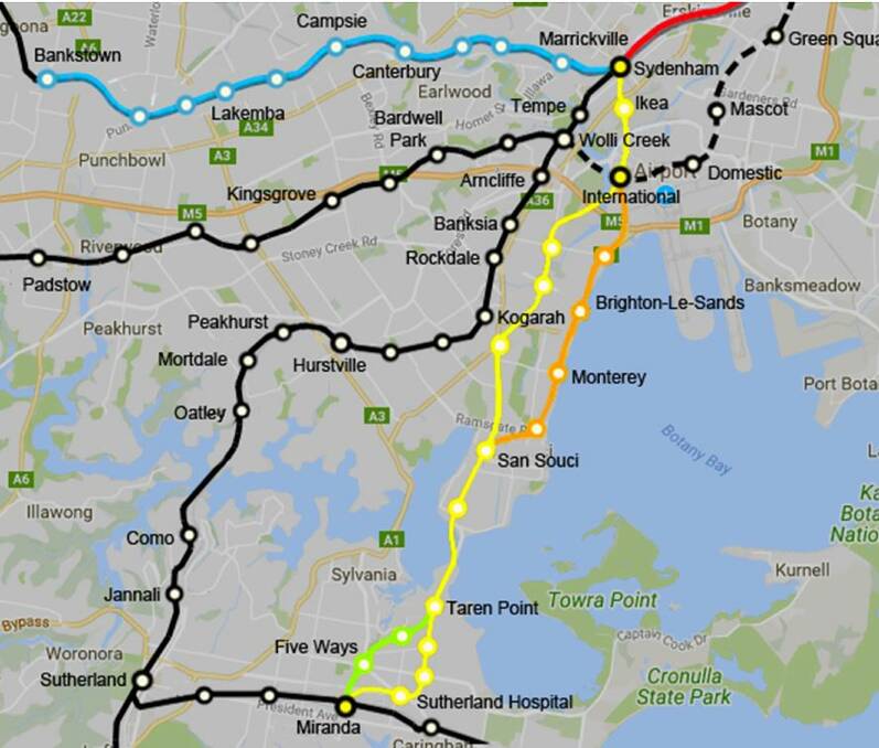 Two options: The proposed Metro F6 route is coloured yellow. A possible alternative route, along the edge of Botany Bay, is in brown. Picture: supplied