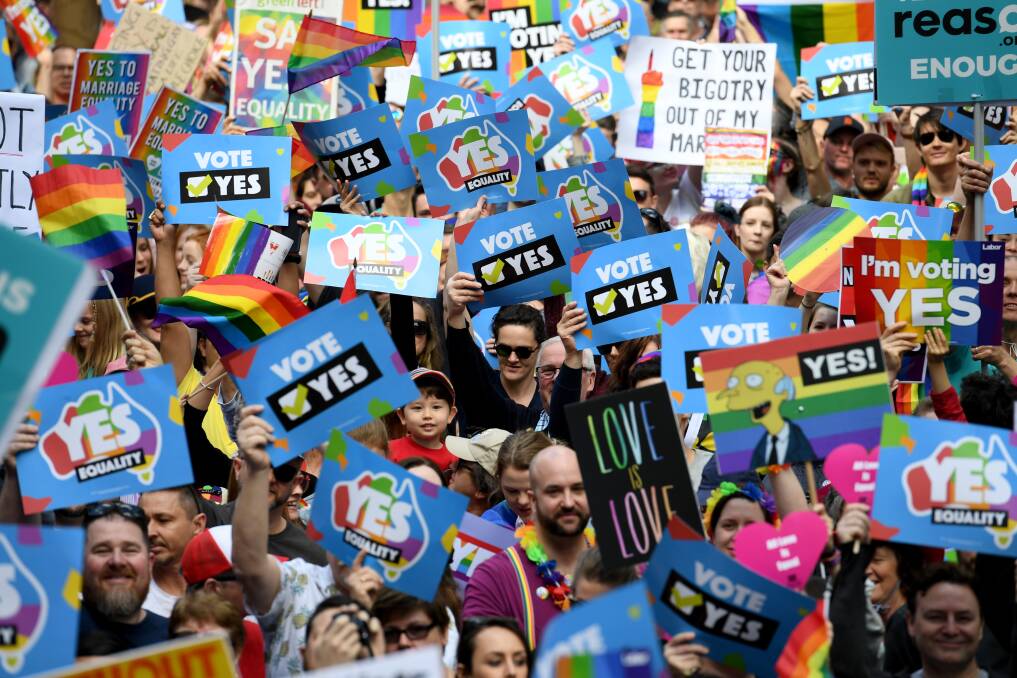 Postal vote begins: Protestors gather in Sydney for a rally in support for marriage equality on September 10. Picture: AAP