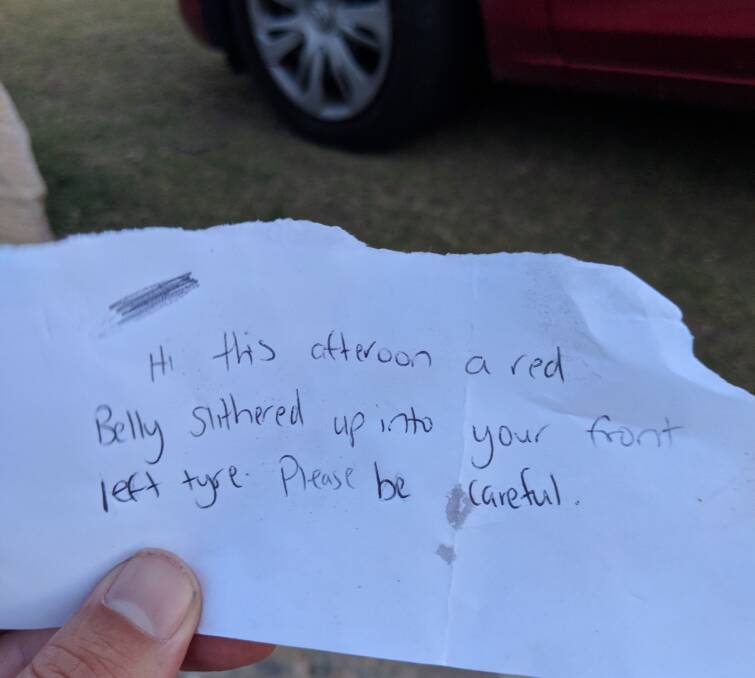 Note of caution: The note left on the windscreen of Michael Garbutt's car by an anonymous passerby.
