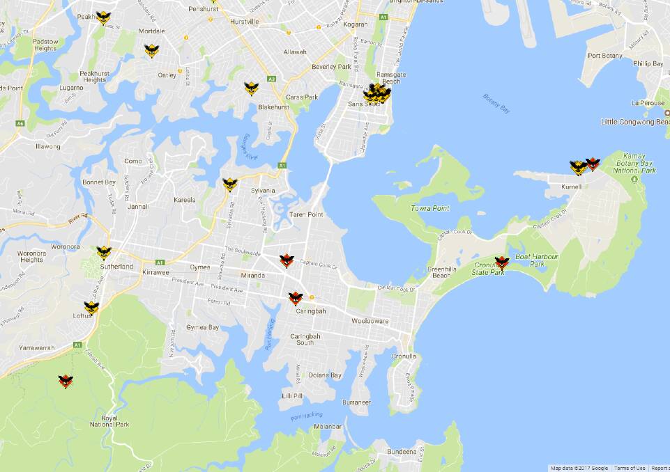 Some of the Sutherland Shire magpie swooping locations listed on the website magpiealert.com.