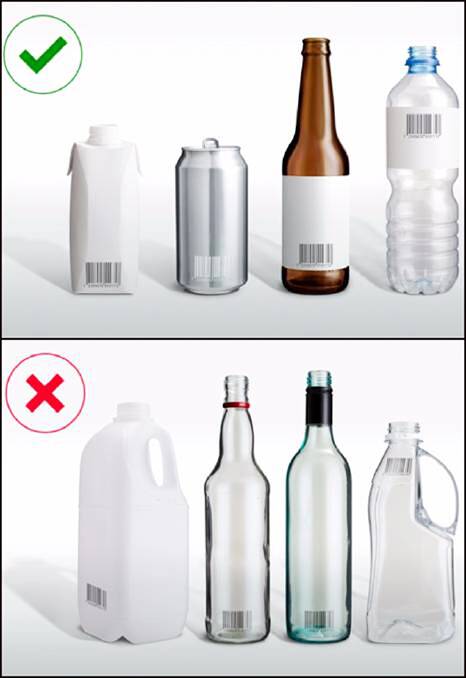 Containers NOT eligible include plain and flavoured milk, fruit or vegetable juice (1 litre or more), glass for wine and spirits, cordials and concentrated fruit juices.
