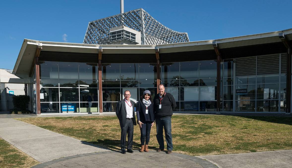 Welcome to Lucas Heights: (from left) ANSTO’s Chief Nuclear Officer Hef Griffiths with Michelle and Brett Rayner. Picture: ANSTO