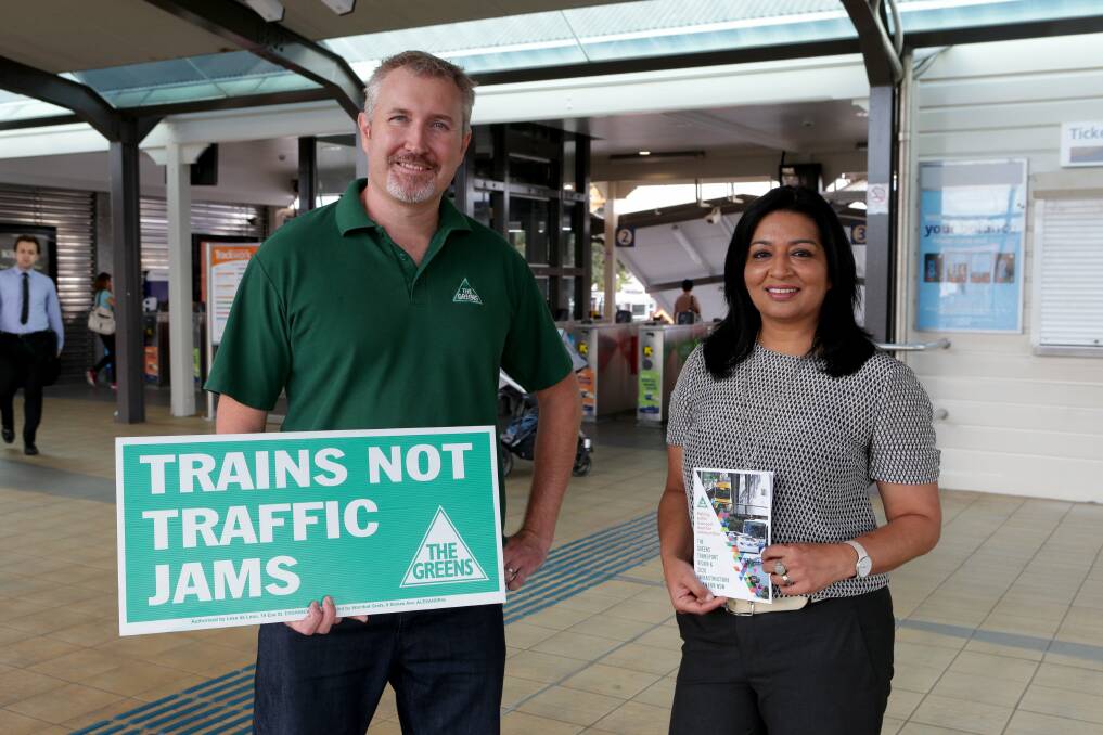 Transport plan: Greens MP Dr Mehreen Faruqi and Kogarah candidate Brent Heber at Rockdale station. Picture: Jane Dyson