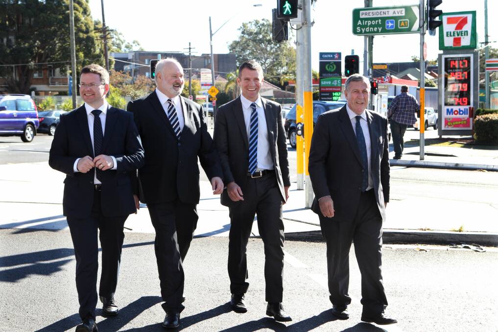 Mark Coure, John Flowers, Premier Mike Baird and Roads Minister Duncan Gay at Kogarah, where they discussed plans for new major roads in the southern suburbs. Picture: Jane Dyson