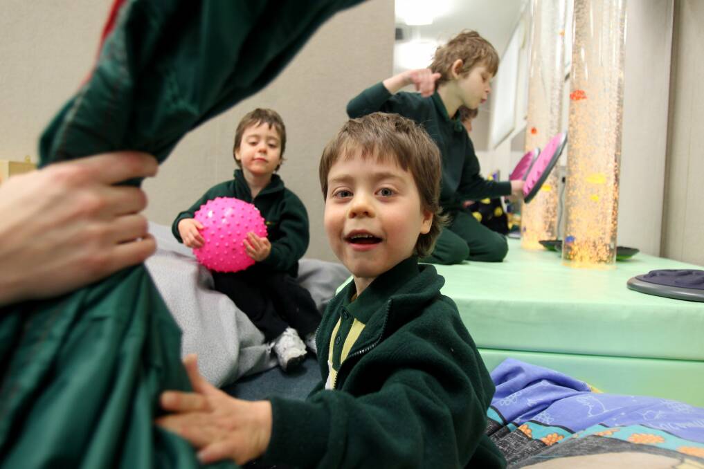 Building the senses: Aaron Reid, Jeremy Reid (front) and Katelyn Cross test out the new play area. Picture: Jane Dyson