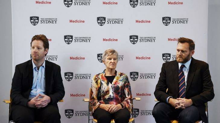 Dr Grant Hill-Cawthorne (left), Professor Lyn Gilbert and Dr Cameron Webb talk about the Zika virus at Sydney University on Tuesday. Photo: Kate Geraghty