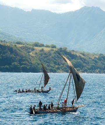 Villagers take part in a simulated whale hunt, or koteklema. Photo: Elspeth Callender