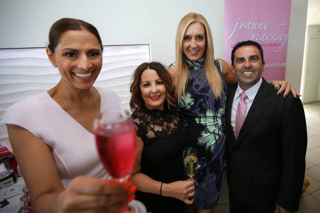 Think pink: (From left) breast cancer survivor and television star Sally Obermeder (left) was guest of honour and MC at the Shire PINK Lunch organised by Mia Cassin and Mara Martinic, pictured with Sutherland Shire deputy mayor Carmelo Pesce. Picture: Chris Lane