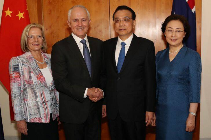 Prime Minister of Australia Malcolm Turnbull and Lucy Turnbull welcomed Premier of the State Council of the People's Republic of China Li Keqiang and Madame Cheng Hong to Parliament House in Canberra on Thursday 23 March 2017. Pool Photo: Andrew Meares  Photo: Andrew Meares