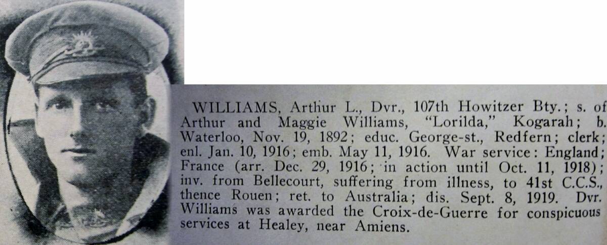 Remembered: Local historian Charles Davis has started a website listing the service details of Rockdale's WWI diggers including those of Arthur Williams who won the French military honour the Croix de Guerre.