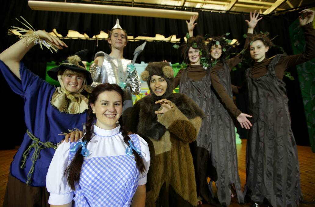 Off to see the Wizard: Cronulla High School rehearses for its major production of a much-loved tale of friendship along a yellow brick road. The main cast includes Jasmaree Dawson (Dorothy), Tayla Jankiewicz (the lion), Louise Connolly (the scarecrow) and Oscar Lennon (the tinman). Picture: John Veage