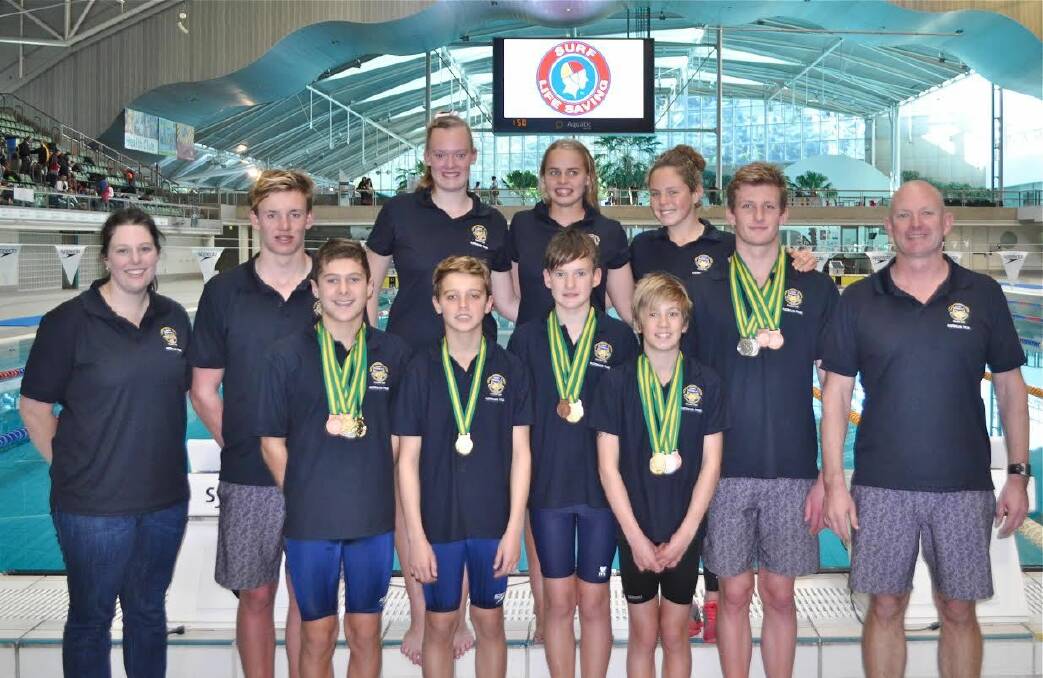 Medallists: North Cronulla Surf Life Saving Club's team that won medals at the recent national pool championships. Back row: Maddison Moyle, Abbey Pugh, Hailey Lane; front row: Beth Fulton (team manager) Lachlan Moyle, Leo Nosatti, Zac Roja, Nathan Moyle, Jett Garland, Ethan Garland, Peter Moyle (competition director).
