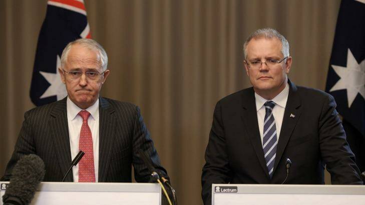 Prime Minister Malcolm Turnbull and Treasurer Scott Morrison discuss the Brexit in Sydney on Saturday. Photo: Andrew Meares