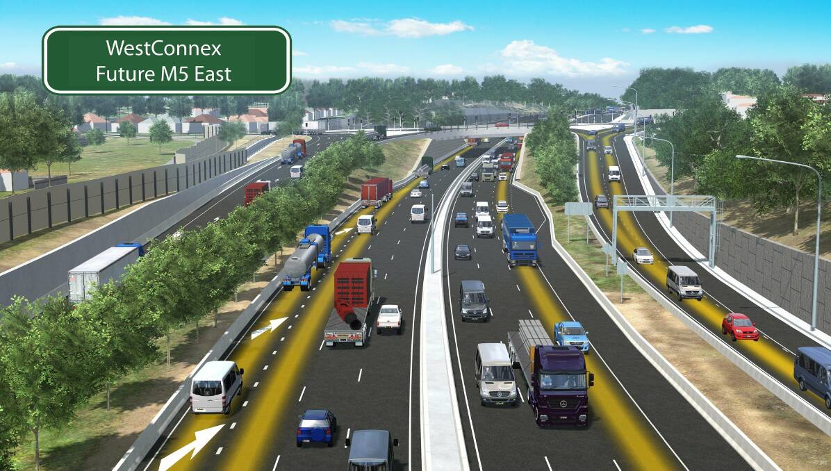 Extra lanes: Artist impression, looking towards the south-west, of how the interchange of the M5 East motorway and King Georges Road, Beverly Hills, will be upgraded for the WestConnex project.
