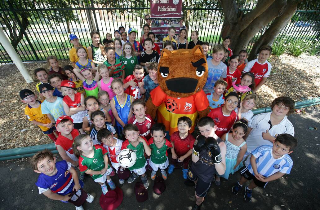 Support: Students at Sans Souci Public School with Football United's mascot Nutmeg. Picture: John Veage
