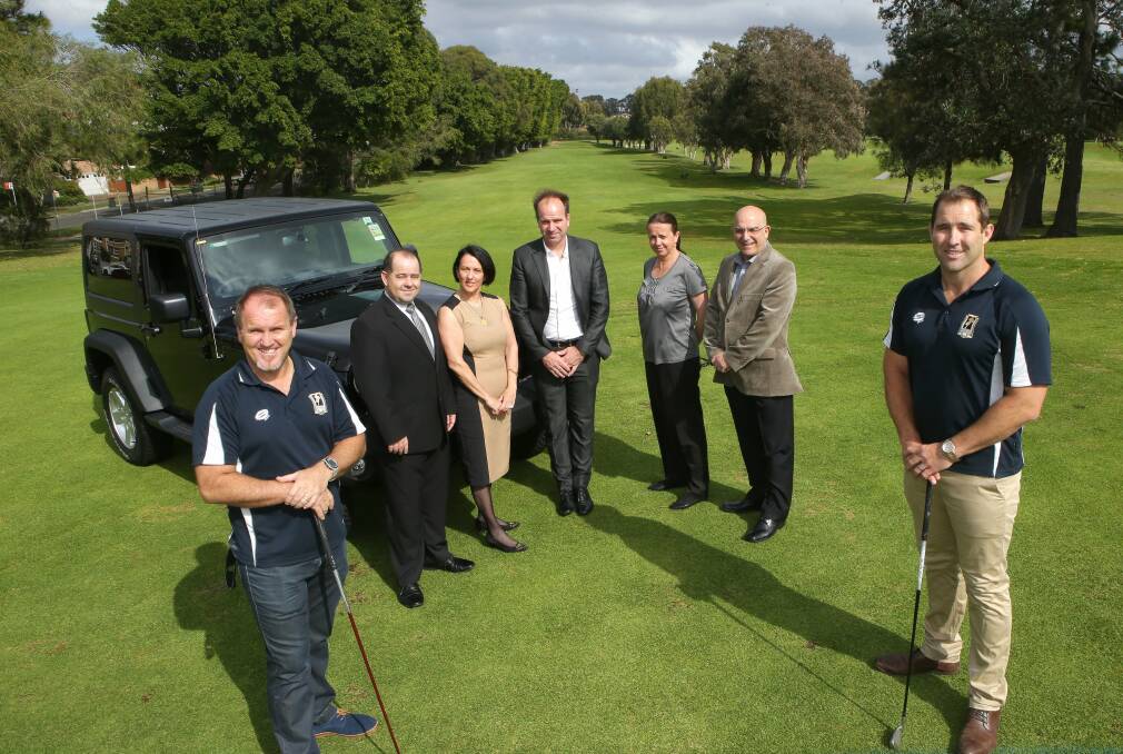 To a tee: Stewart Raper, Michael Lehner, Madeline Tynan, Julian Urquhart, Cronulla Golf Club's Sue McLaughlin, foundation chief executive, Peter Christopher and Ben Ross prepare for the charity golf day. Picture: John Veage