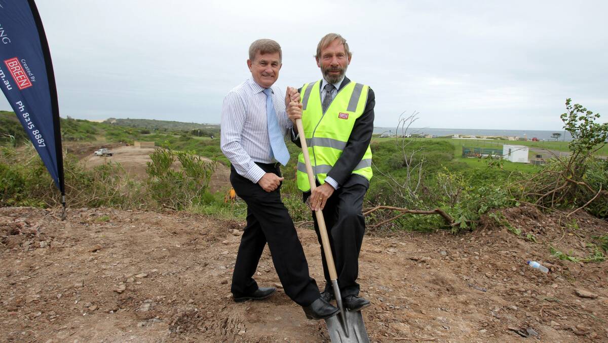 Turning point: Executive Chairman of Breen Property Tom Breen hosted a soil turning ceremony which officially began the construction of the Shearwater Landing residential estate at Greenhills Beach on Friday, February 28. Shows Mayor Steve Simpson and Tom Breen. Picture: Chris Lane