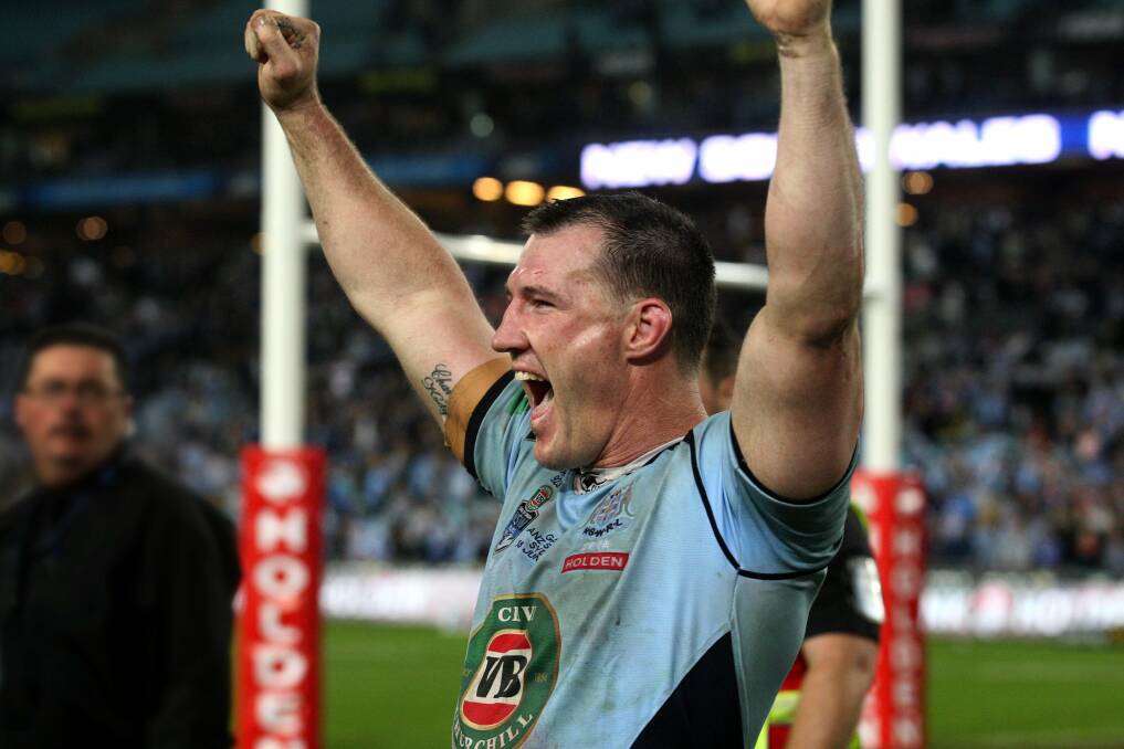 Missing: NSW and Cronulla captain Paul Gallen, jubilant in 2014, will miss Origin I on May 27. Picture: John Veage