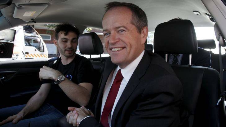 Bill Shorten visits Google's Pyrmont offices to talk with young software engineer Fabian Tamp, in the Google Car of the future. Photo: Quentin Jones