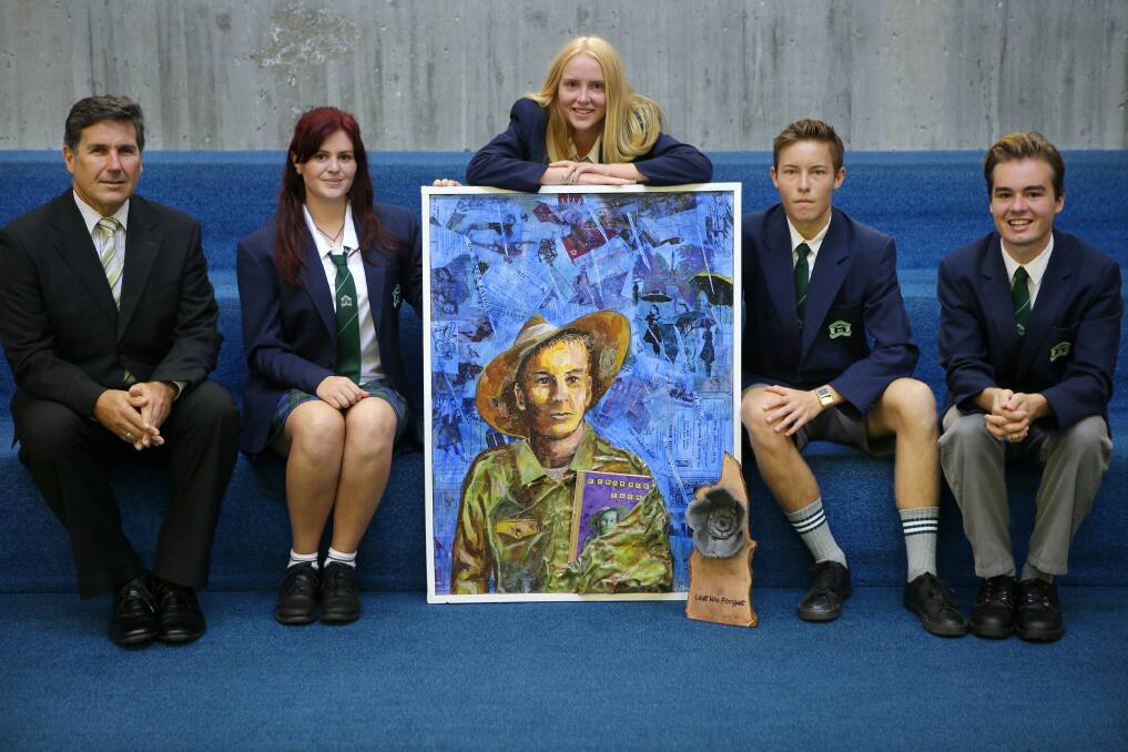 Gallipoli focus: Cronulla High School's teacher Jamie Cherry (from left), Jazmaree Dawson, artist Sydney Soames, Alexander Witherden and Thomas McCorquodale. Picture: John Veage