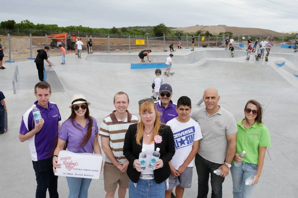 Staying cool: Councillor Tracy Cook (centre) with Cr Scott Willimas (left) and Cr Hassan Hawada with Project Youth workers at the Greenhills Skatepark. Picture: Chris Lane