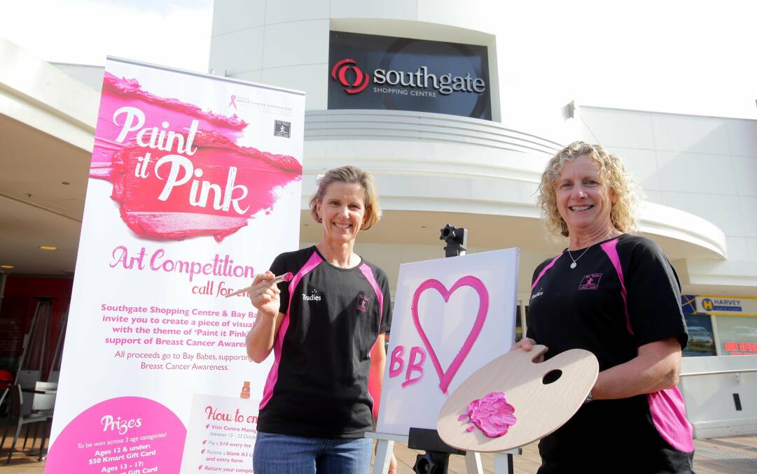 Brushing up: Bay Babes president Chris Callinan (right) and member Anna Lynch launch Paint It Pink at Southgate Shopping Centre. Picture: Chris Lane
