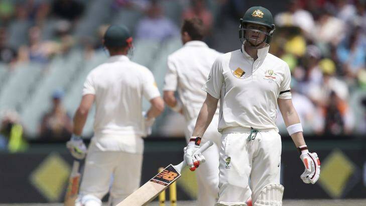 Australia's Steven Smith reacts after his batting partner Shaun Marsh was run out for 2 runs against New Zealand during their cricket test in Adelaide, Australia, Saturday, Nov. 28, 2015. This match is the sport's first ever day-night test. (AP Photo/Rick Rycroft) Photo: Rick Rycroft