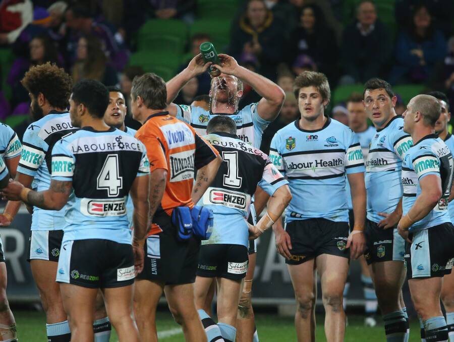 Blitzed: Cronulla players behind the tryline during their 48-6 loss against Melbourne on Saturday at AAMI Park. Picture: Scott Barbour, Getty Images