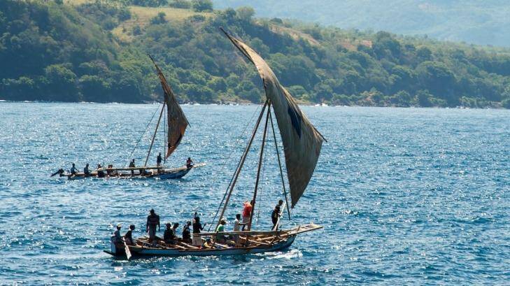 Villagers take part in a simulated whale hunt, or koteklema. Photo: Elspeth Callender
