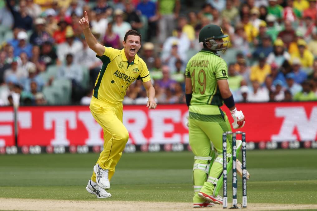 Firing: St George paceman Josh Hazlewood took four wickets in the ICC World Cup for Australia in the quarter final in Adelaide agaisnt Pakistan. Picture: Morne de Klerk/Getty Images
