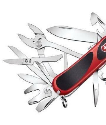 The Victorinox Delemont Evogrip has a can opener, screwdrivers, wire stripper, cutters and crimper, corkscrew and wrench.