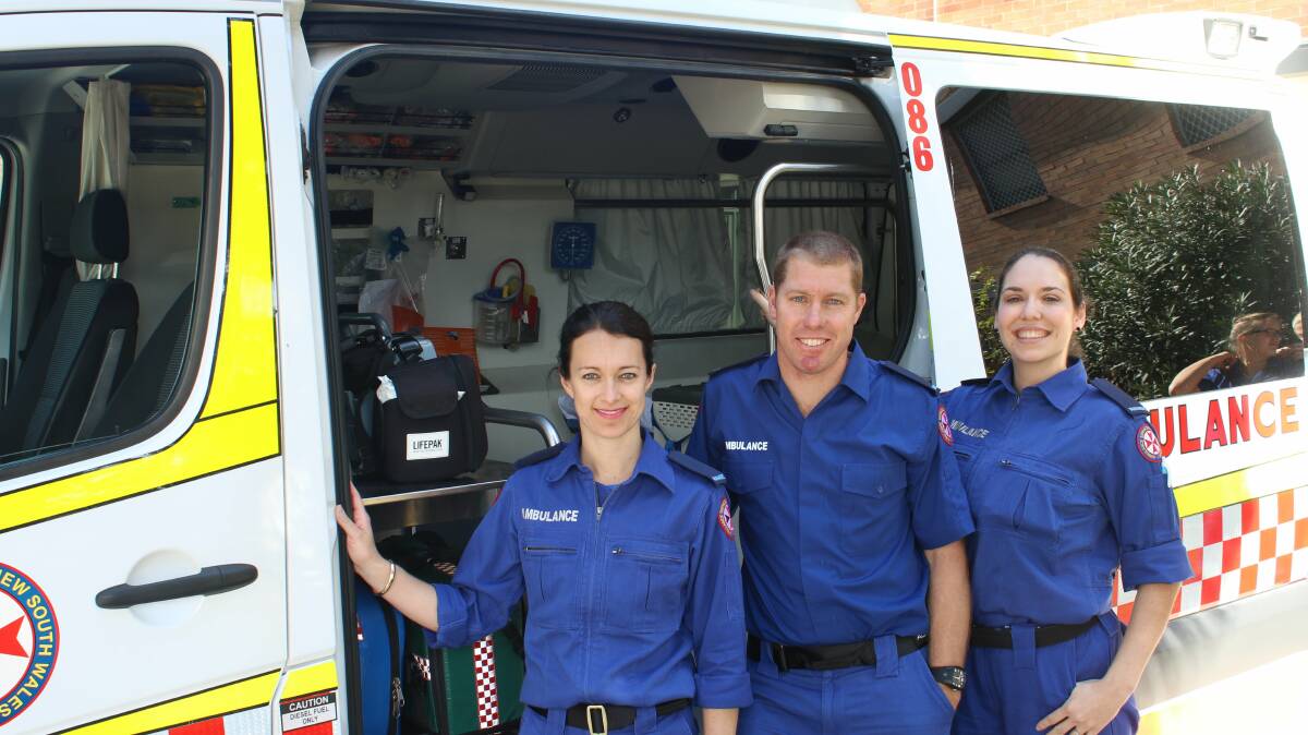 Ready to go: Paramedic trainees Jody Fardell, Gavin Bates and Erica McKechnie. Picture: NSW Ambulance